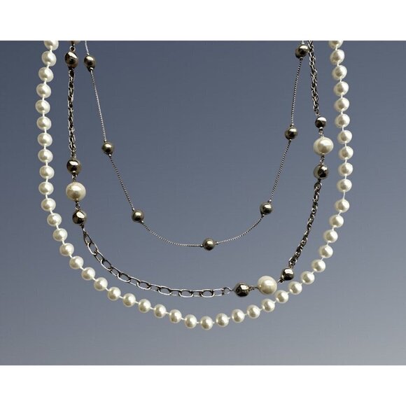 Set of 3 necklaces - Faux Pearl Strand, Pearl Silver Chain, Silver ball chain - Picture 1 of 6